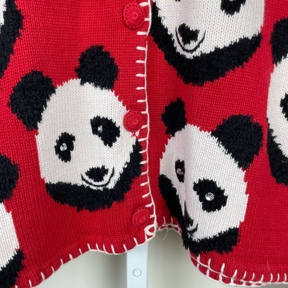 Vintage 90s Belle Pointe Panda Cardigan Sweater Red Black‎ Button Up Size Medium - Picture 5 of 8